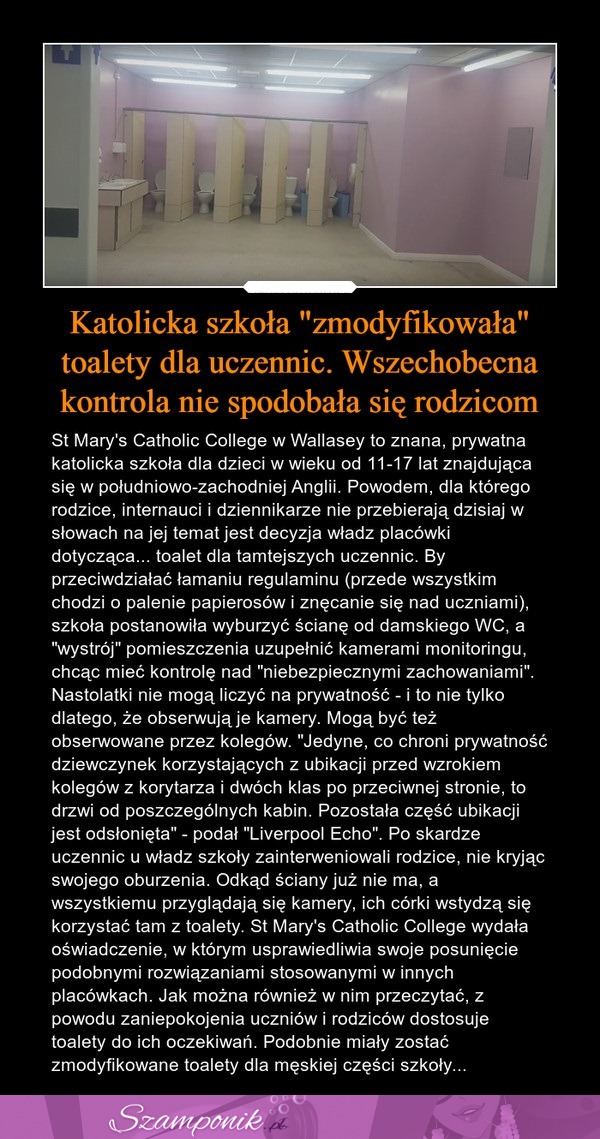 Katolicka szkoła "zmodyfikowała" toalety dla uczennic. Wszechobecna kontrola nie spodobała się rodzicom!