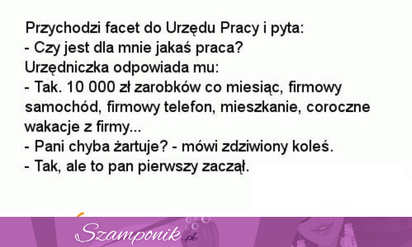 Przychodzi facet do urzędu pracy i pyta czy jest jakaś praca. Zobacz co odpowiedziała mu... :D