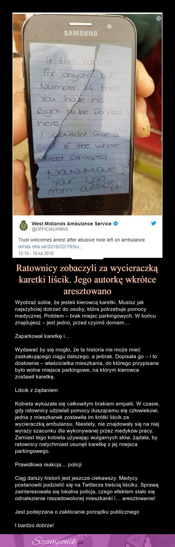 Ratownicy zobaczyli za wycieraczką karetki liścik. Jego autorkę wkrótce aresztowano!