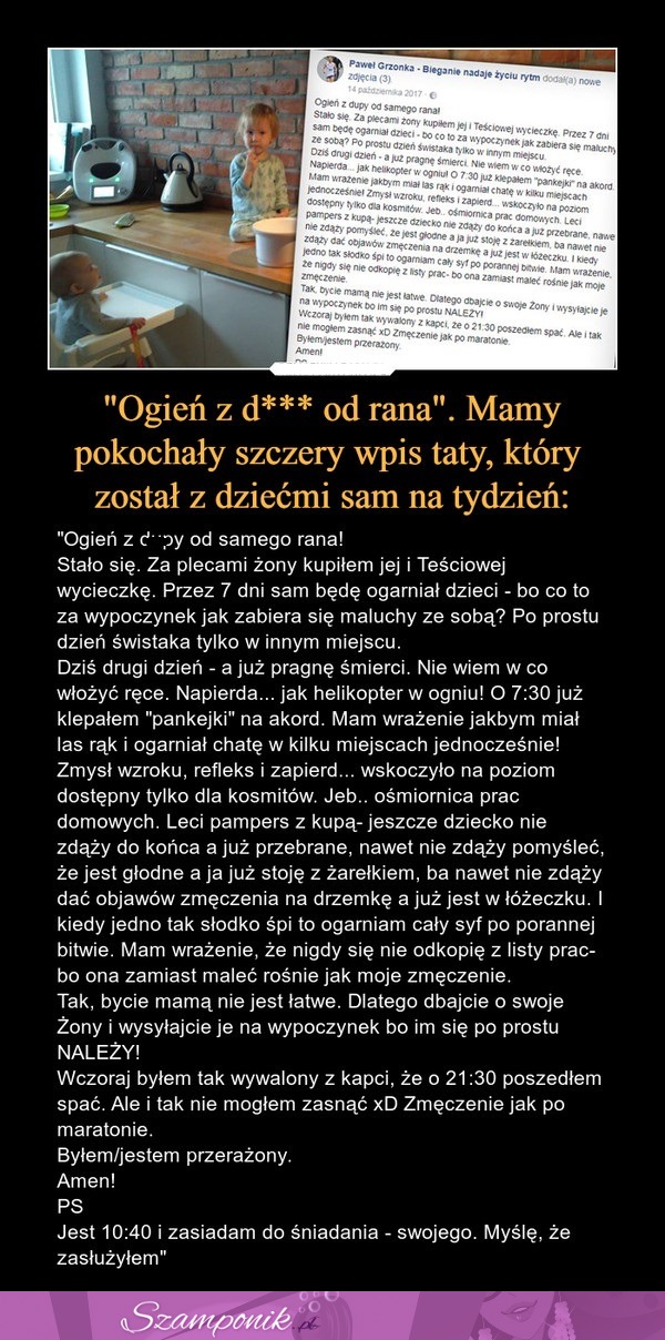 Mamy pokochały szczery wpis taty, który został z dziećmi sam na tydzień!