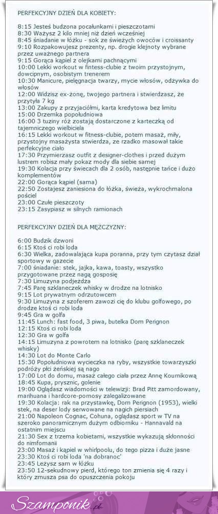 Jak wyglądałby perfekcyjny dzień kobiety i mężczyzny? Zobacz dokładny plan dnia :D