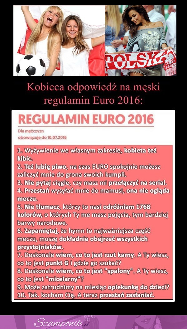 REGULAMIN EURO 2016!!! Kobieca odpowiedz na MĘSKI REGULAMIN! Udostępniamy to PANIE naszym facetom!!!