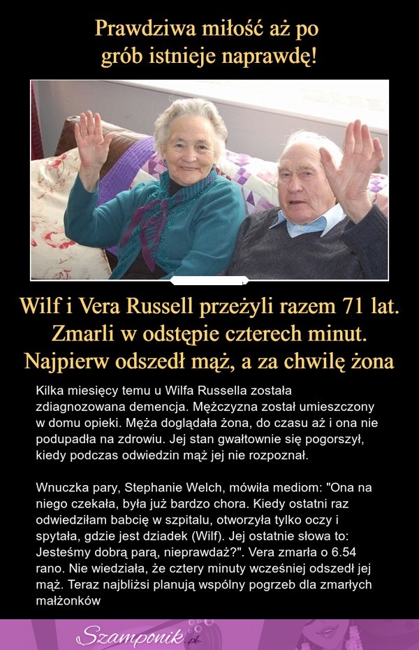 Prawdziwa miłość aż po grób... Przeżyli razem 71 lat. Zmarli w odstępie 4 minut. Niesamowita historia pewnych staruszków