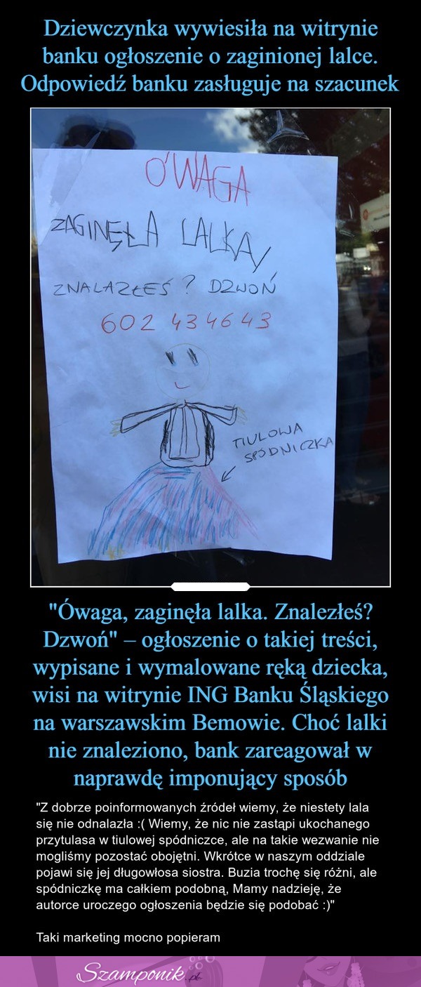 Dziewczyna wywiesiła na witrynie banku ogłoszenie o zaginionej lalce. Odpowiedź banku zasługuje na szacunek!