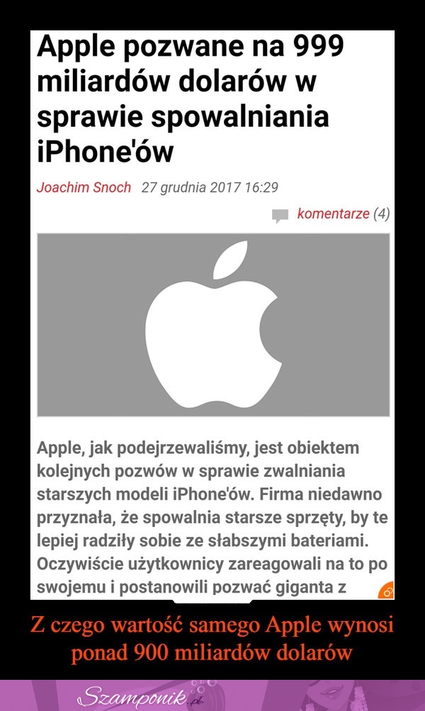 Apple pozwane na 999 miliardów dolarów w sprawie spowalniania iPhone'ów