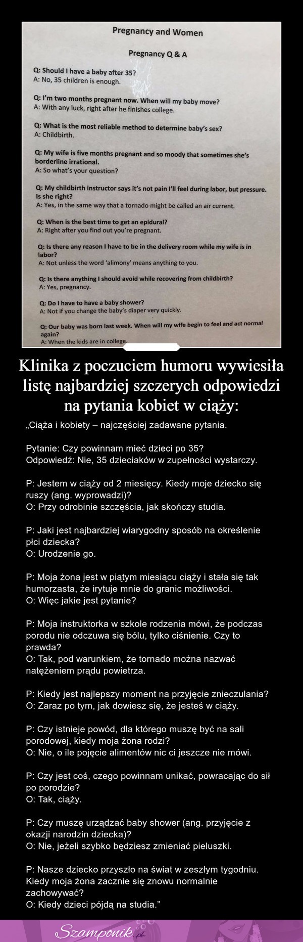 Klinika  z poczuciem humoru wywiesiła listę najbardziej szczerych odpowiedzi na pytania kobiet w ciąży