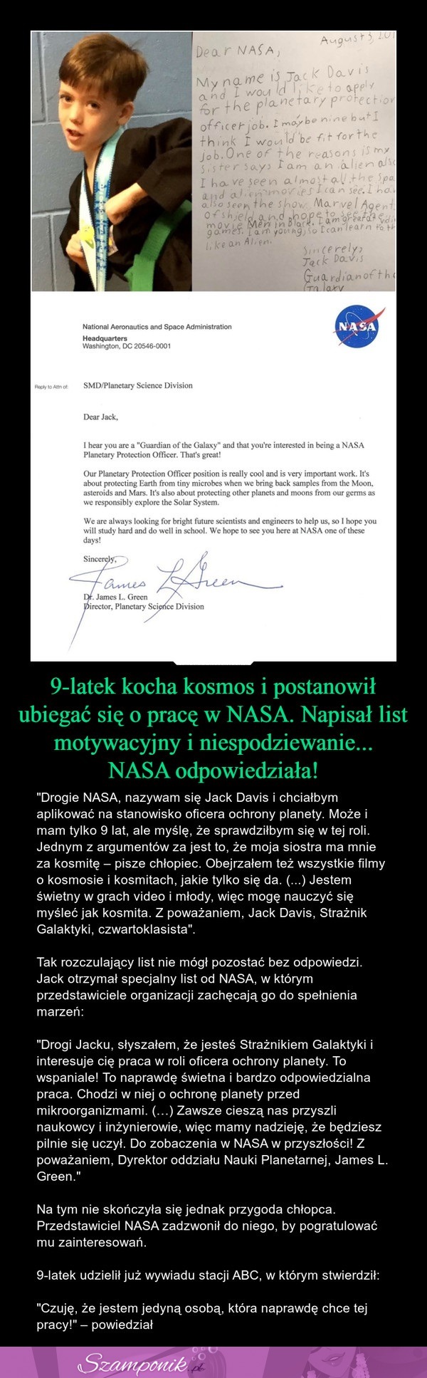 9-latek kocha kosmos i postanowił ubiegać się o pracę w NASA. Napisał list motywacyjny i niespodziewanie... NASA odpowiedziała!