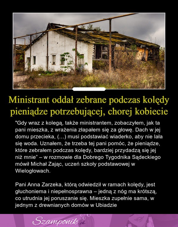 Ministrant oddał zebrane podczas kolędy pieniądze potrzebującej, chorej kobiecie...