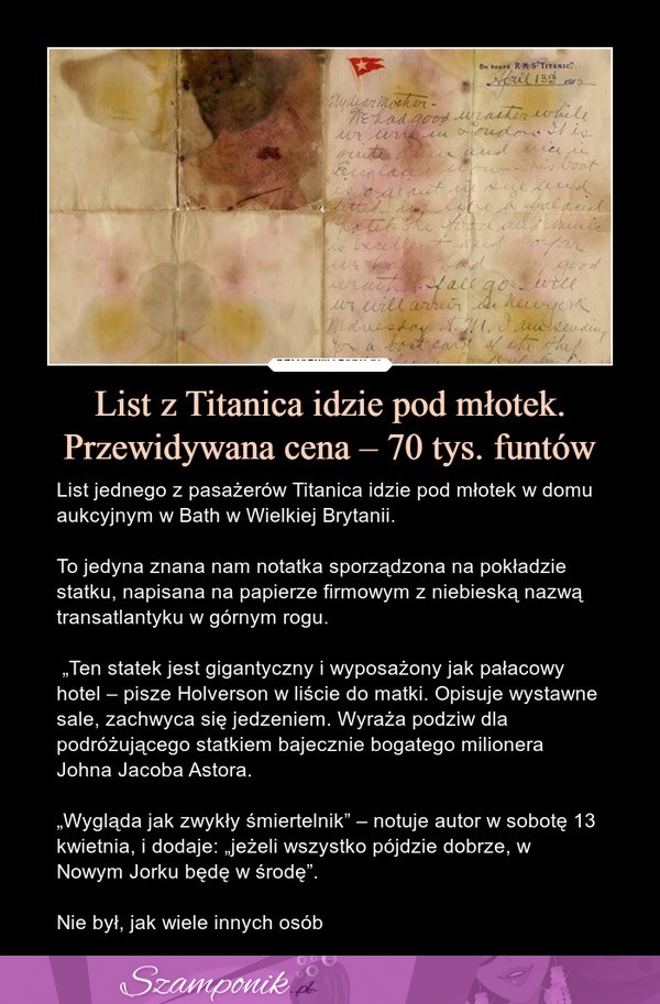 List z Titanica idzie pod młotek... 70 tys. funtów to przewidywana cena