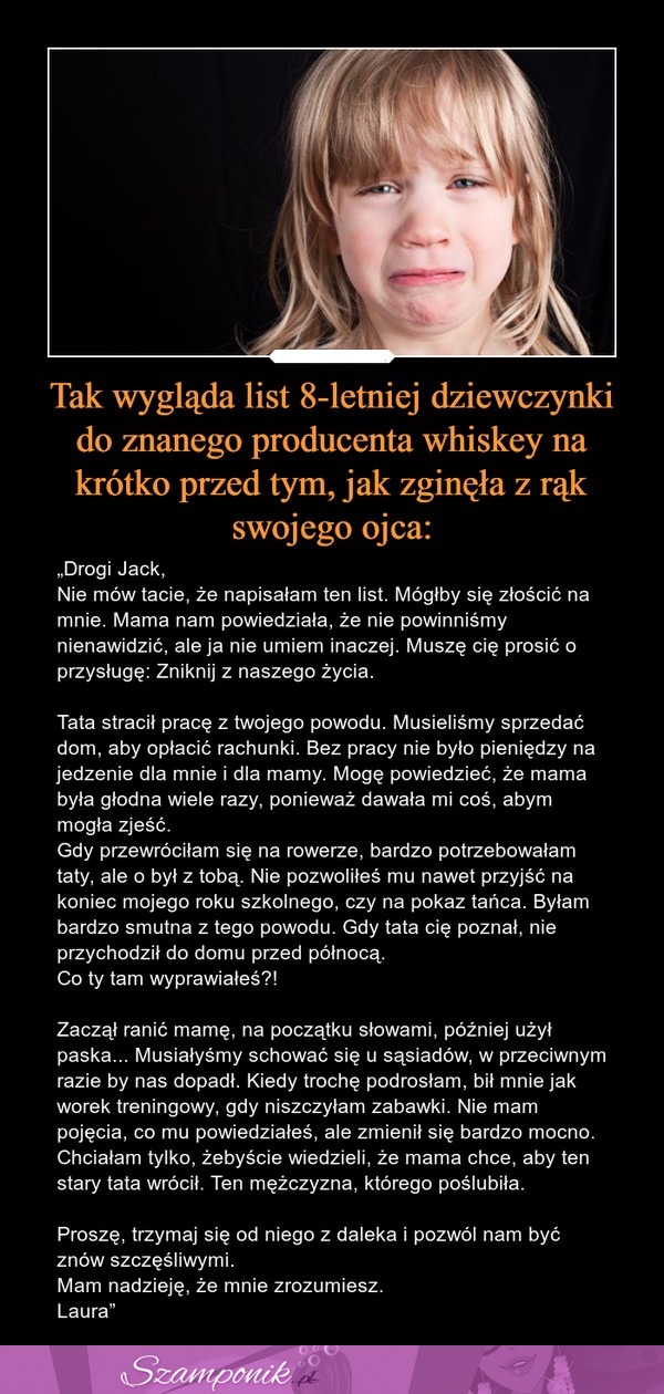 Tak WYGLĄDA list 8-letniej dziewczynki do znanego producenta whiskey na krótko przed tym, jak ZGINĘŁA z rąk swojego ojca!