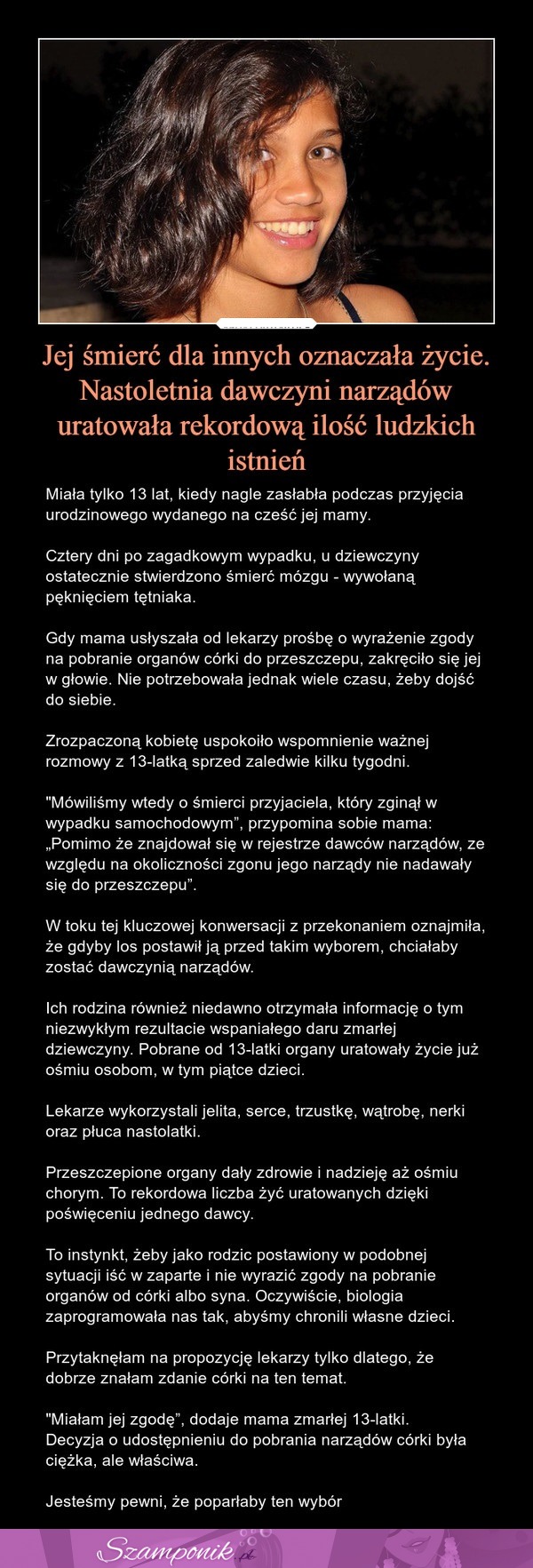 Jej śmierć dla innych oznaczała życie. Nastoletnia dawczyni narządów uratowała rekordową ilość ludzkich istnień