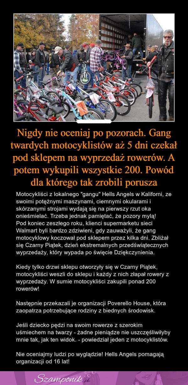 Gang motocyklistów czekał pod sklepem 5 dni, by wykupić rowery i  wspomóc organizację...