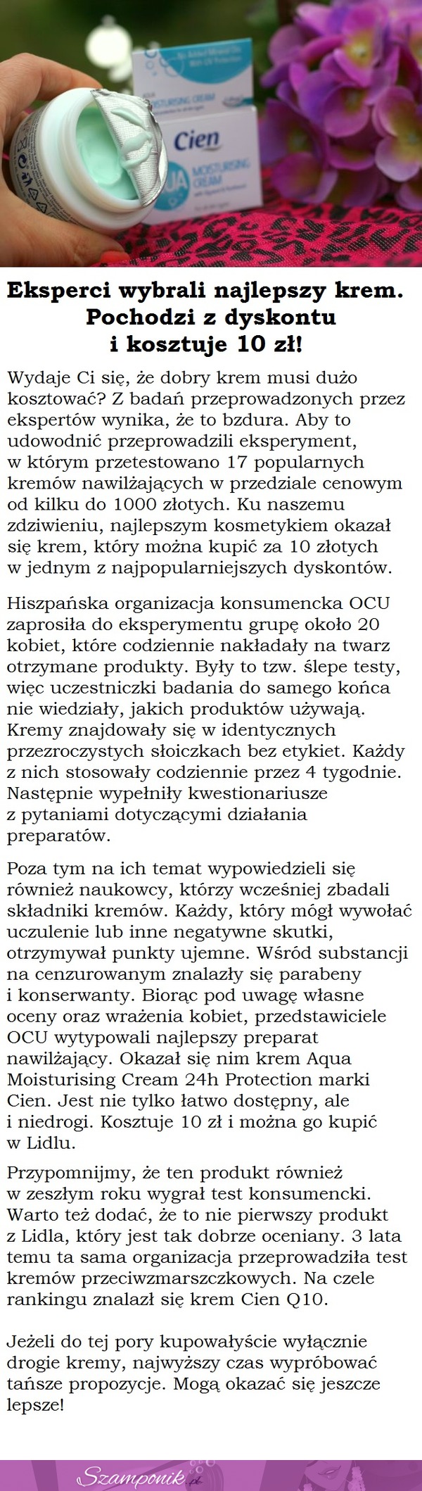 Najlepszym preparatem nawilżającym okazał się być produkt z Lidla. Kosztuje 10 zł!