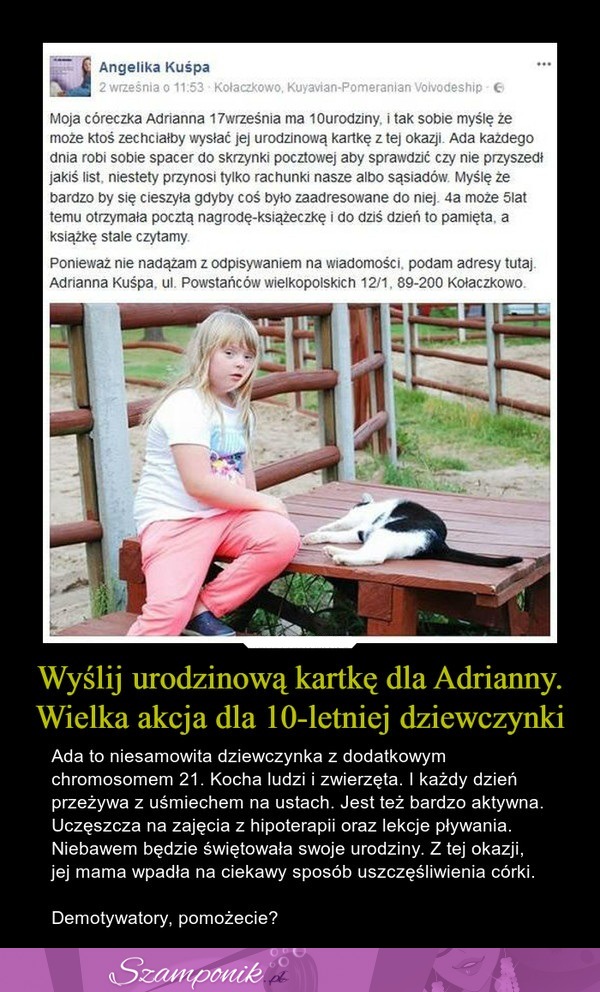 Wyślij urodzinową kartkę dla Adrianny. Wielka akcja dla 10-letniej dziewczynki