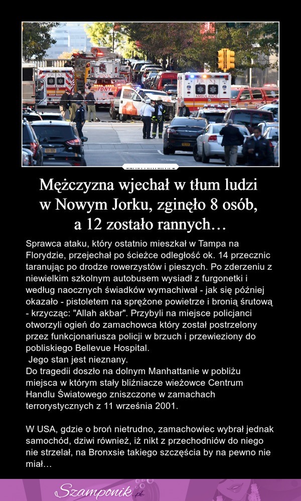 Mężczyzna wjechał w tłum ludzi w Nowym Jorku. Zginęło 8 osób, a 12 zostało rannych!