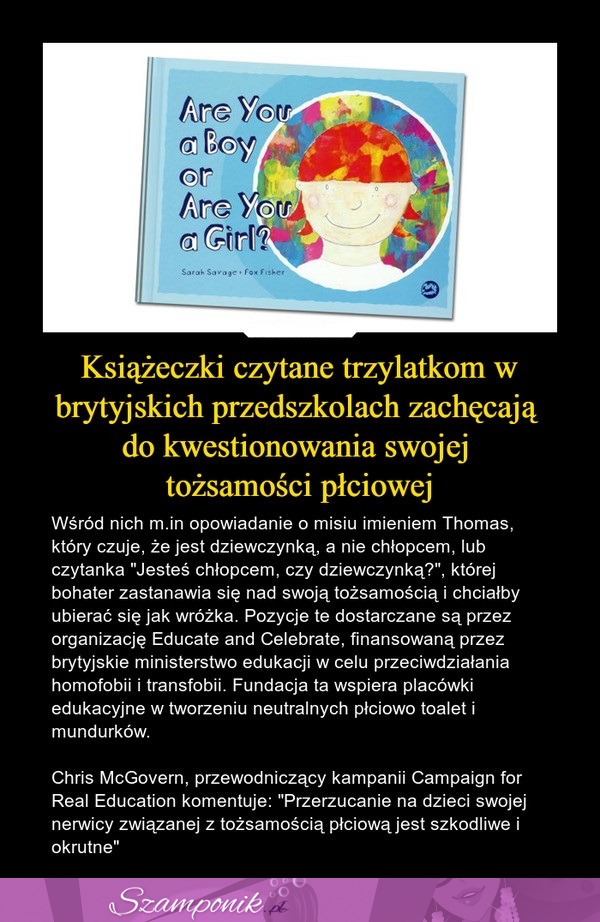 Książeczki czytane trzylatkom w brytyjskich przedszkolach zachęcają do kwestionowania swojej tożsamości płciowej