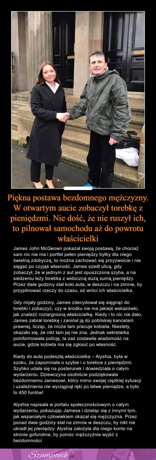 Piękna postawa bezdomnego mężczyzny. W otwartym aucie zobaczył torebkę z pieniędzmi i pilnował jej aż do powrotu właścicielki!