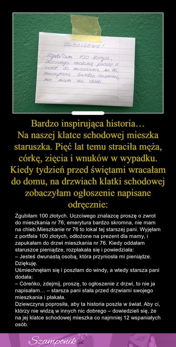 Wzruszająca historia pewnej staruszki, która straciła rodzinę w wypadku i doświadczyła dobroci od strony sąsiadów ;)