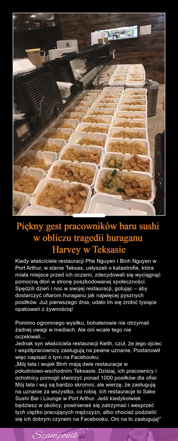 Piękny gest pracowników baru sushi w obliczu tragedii huraganu Harvey w Teksasie