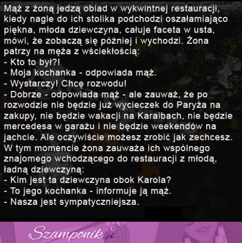 Kawał na dziś: Mąż z żoną jedzą obiad w wykwintnej restauracji