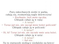 Mocny kawał: Para zakochanych siedzi w parku, całują się i rozmawiają.