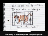 Dzieci miały za zadanie narysować swoją wizytę w zoo. Pewien chłopiec narysował klatkę z tygrysem i podpisał...